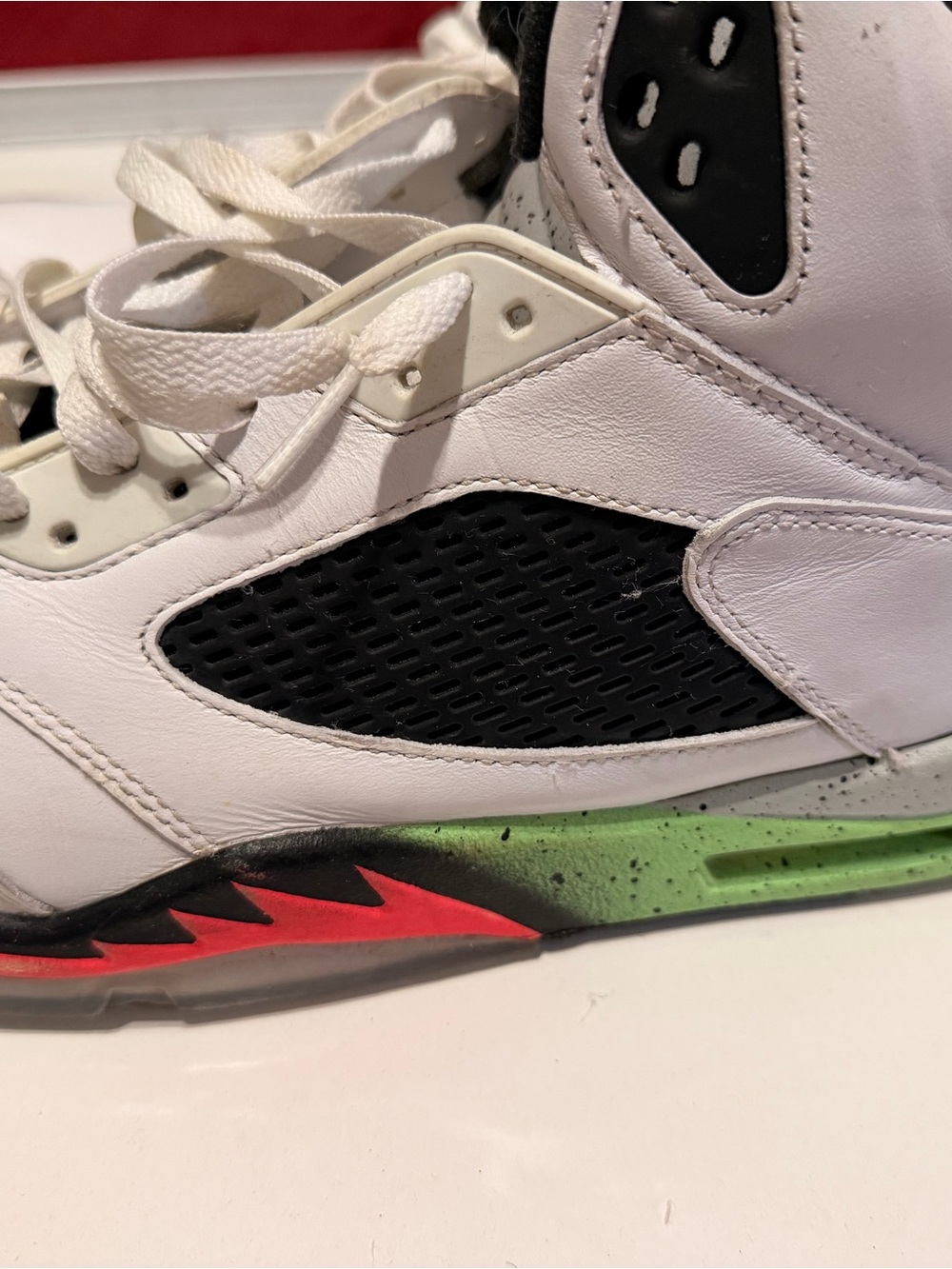 Jordan White Basketball Sneakers with Black, Green & Red Accents Jordans